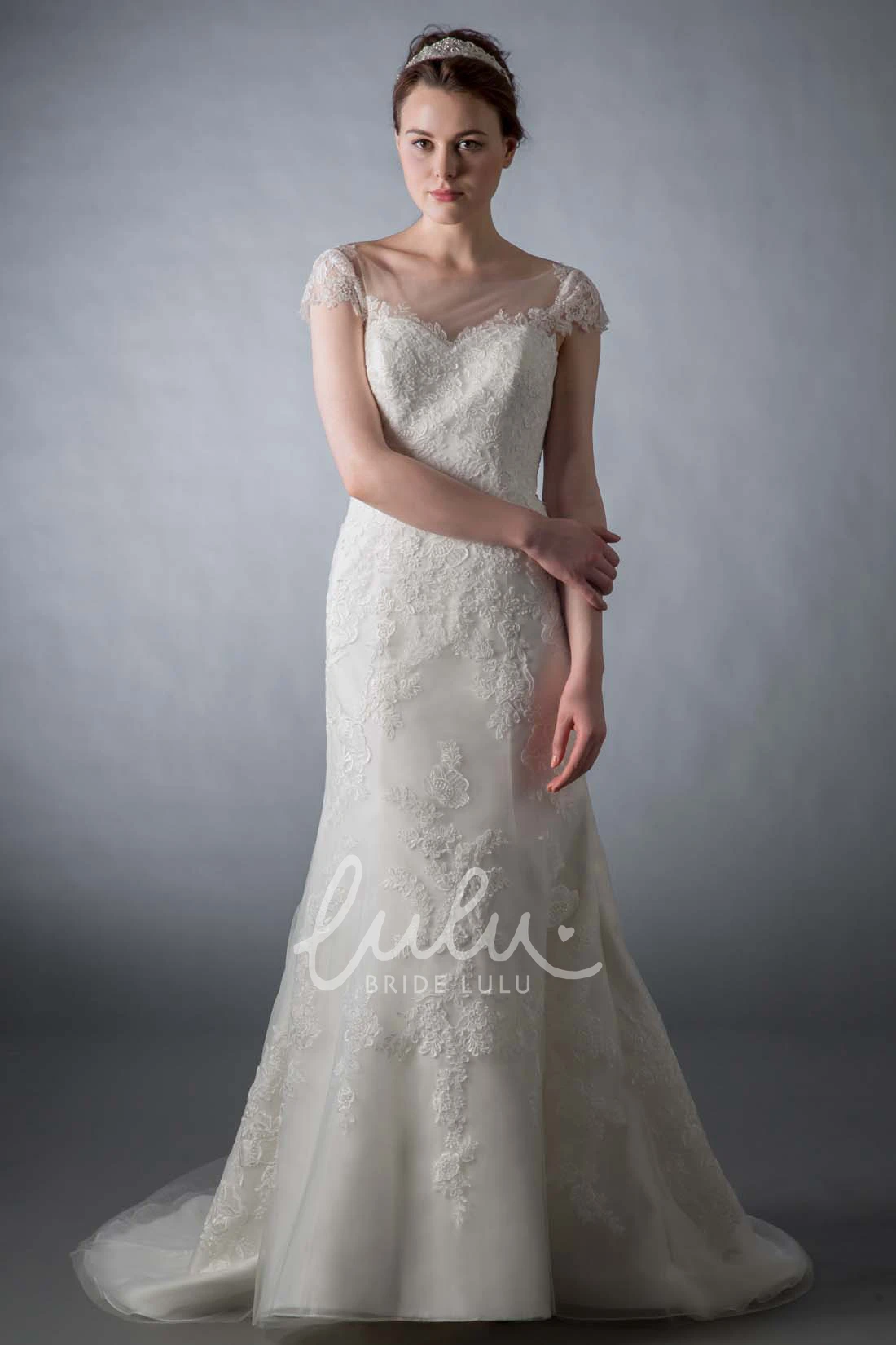 Mermaid Appliqued Tulle Wedding Dress Cap Sleeve Bateau Neck