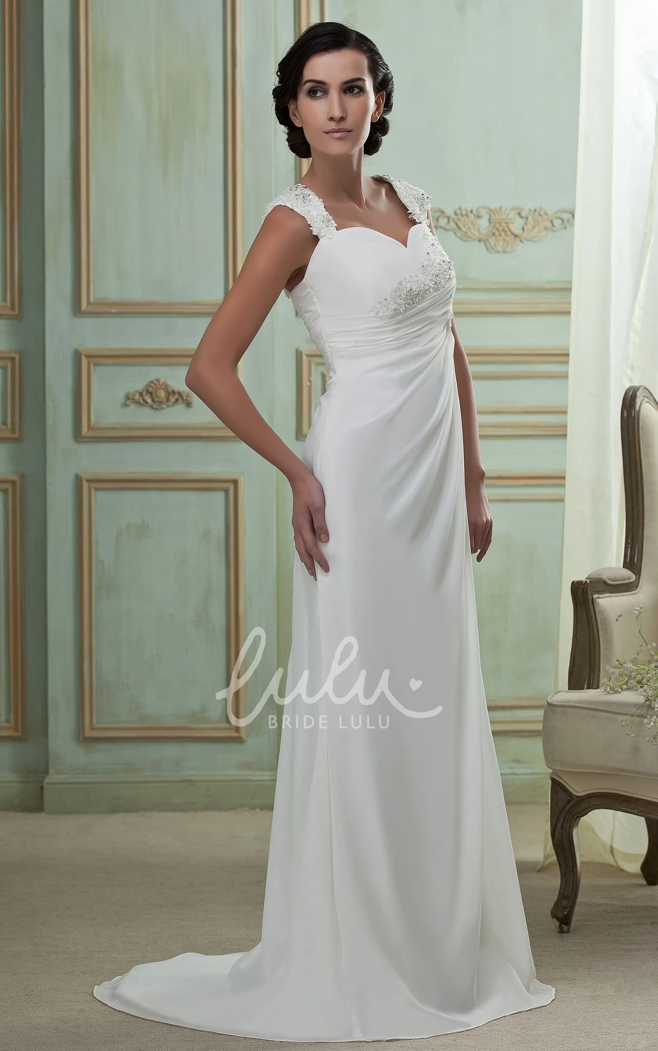 Chiffon Maxi Wedding Dress with Brush Train Queen Anne Cap-Sleeve Bridal Gown