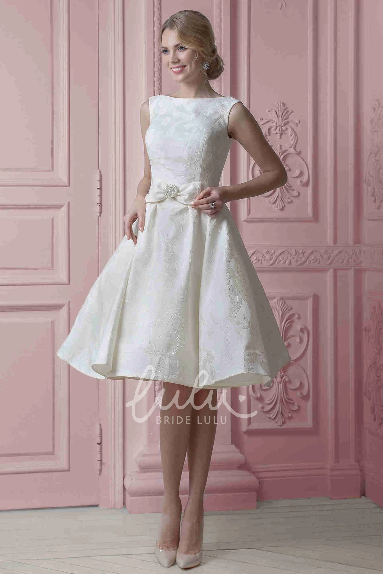 Sweetheart Midi Floral Satin Wedding Dress with Ribbon Unique Bridal Gown