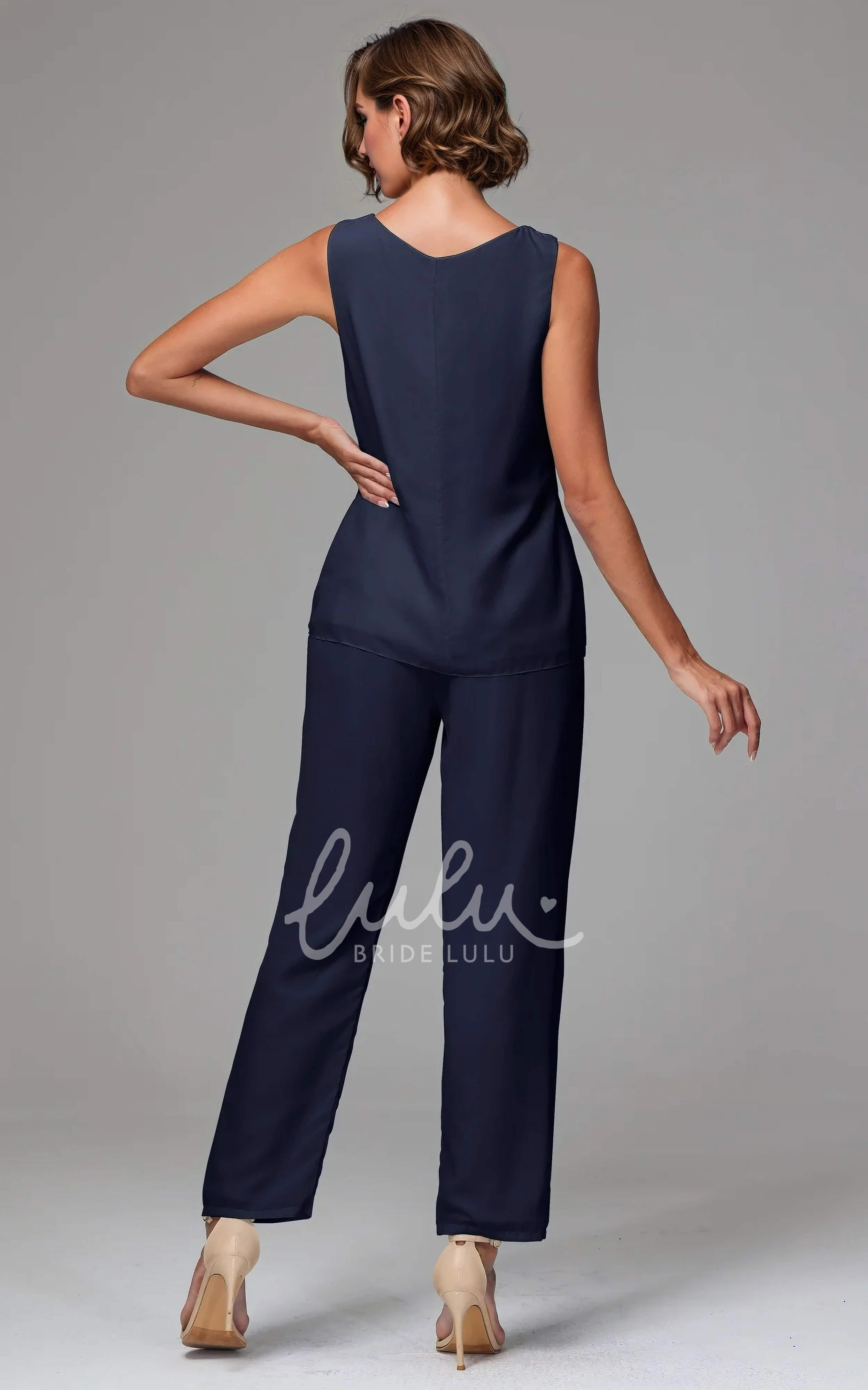 Elagant Dark Navy Blue 3 Pieces Sleeved Chiffon Bateau Neckline Mother of the Bride Pant Suit