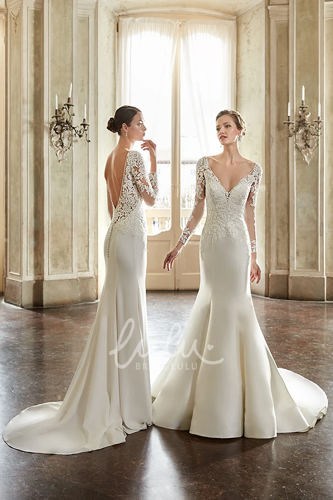 Princess Elegant Mermaid Boho Lace V-Neck Sleeved Wedding Dress Floral Modern Western Backless Sweep Train with Appliques