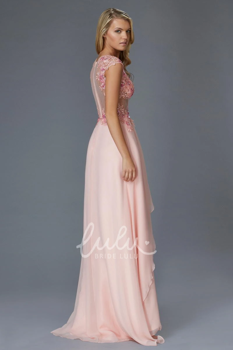 A-Line Chiffon Applique Formal Dress with Cap Sleeves and Illusion Neckline