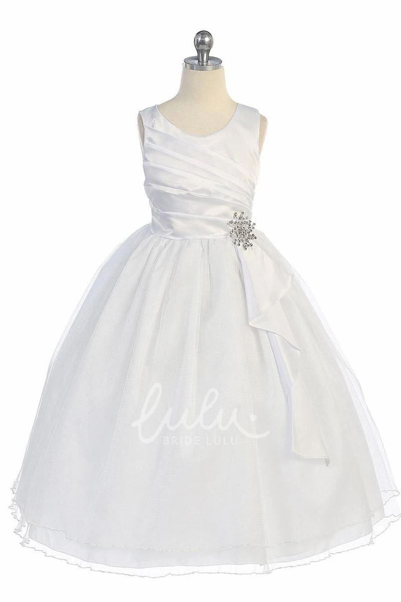 Pleated Satin Tea-Length Flower Girl Dress Classy Prom Dress with Ruffles