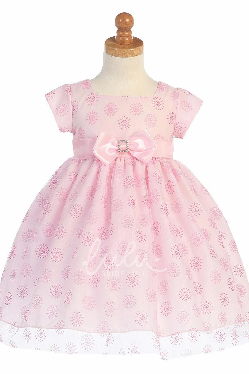 Cap-Sleeve Empire Tulle & Satin Flower Girl Dress Tea-Length with Bow