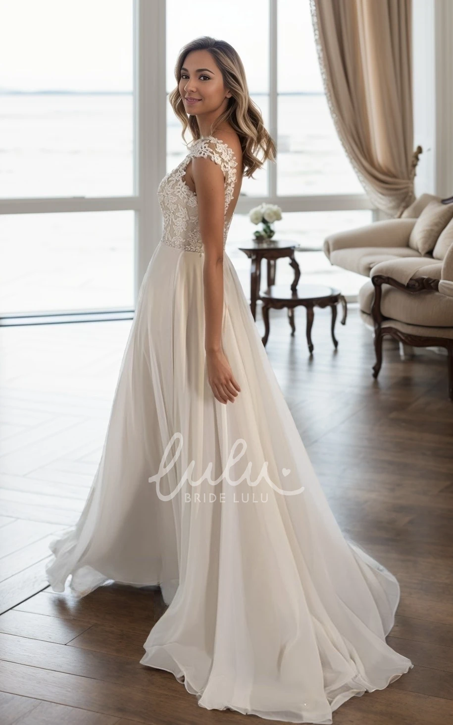 Fall Autumn Floral A-Line Boho Lace Applique Wedding Dress Romantic Elegant V-Back Beach Bridal Gown