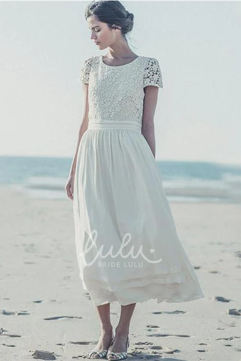 White Lace A-Line Tea Length Wedding Dress with Cap Sleeves