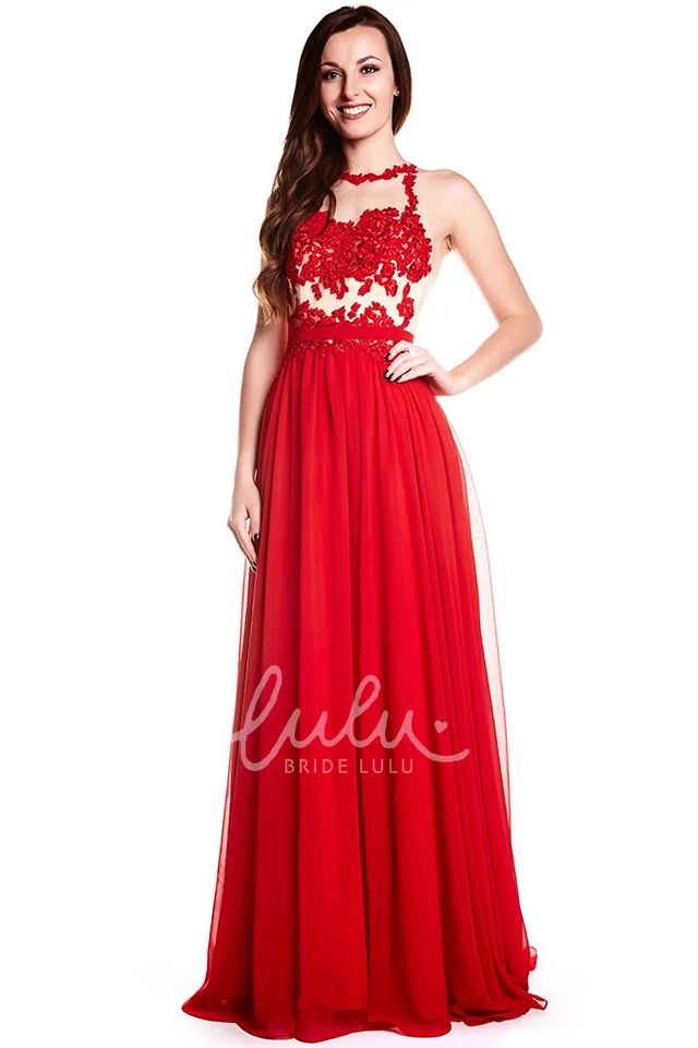 Sleeveless High Neck Appliqued Chiffon Prom Dress with Illusion Back Elegant Prom Dress 2025