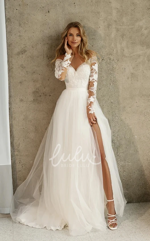Bohemian A-Line Marriage Dress Scalloped Lace Tulle Brush Train Long Sleeve Button Beading