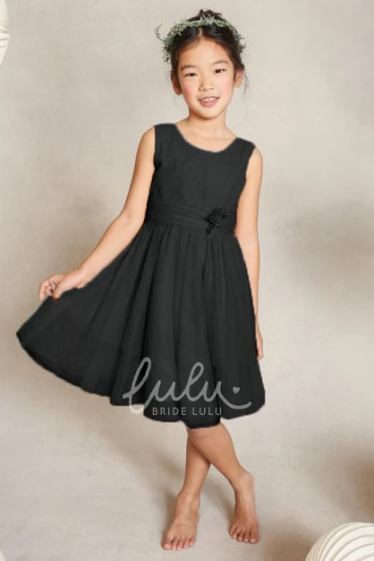 Tulle A-Line Knee-Length Flower Girl Dress with Bow and Pleats Cute Dress