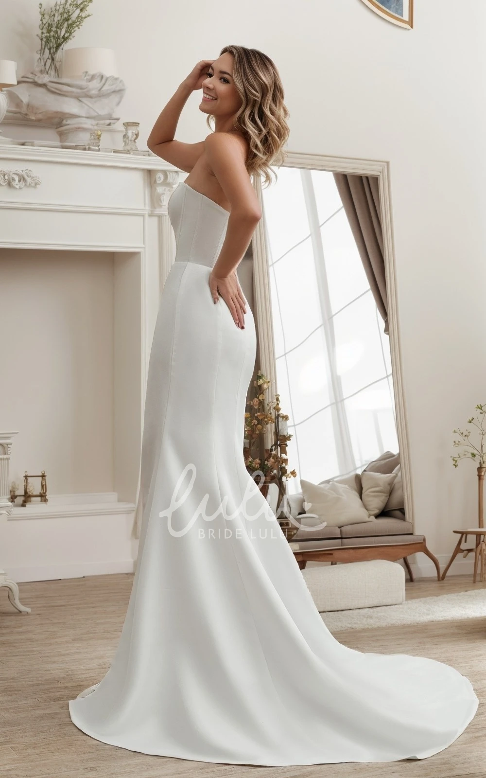 Elegant Simple Mermaid Side Slit Floor Length Satin Wedding Dress Modern Solid Seetheart Neckline Sleeveless Beach Bridal Gown with Sweep Train