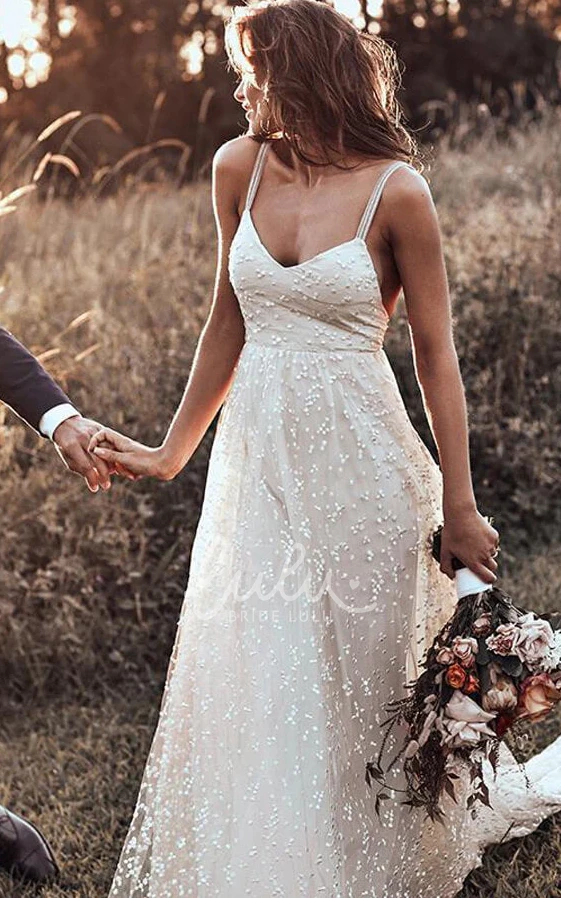 Country Bohemian A-Line Lace Sleeveless Wedding Dress Vintage Spaghetti Straps Backless Bridal Gown