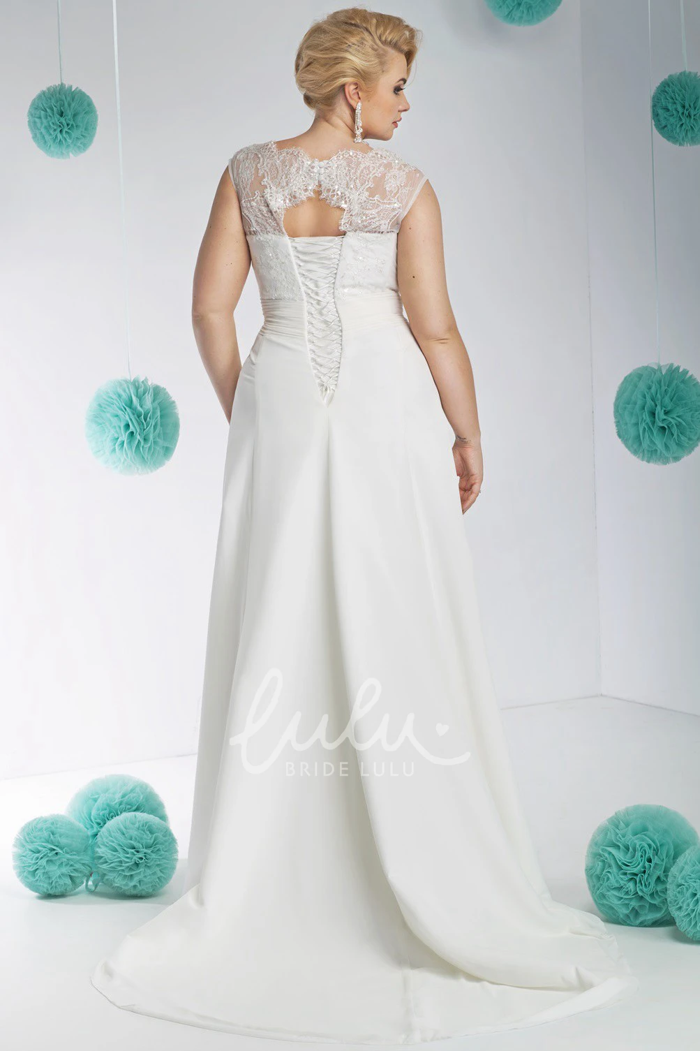 Plus Size Lace Bateau-Neck Wedding Dress with Cap Sleeves