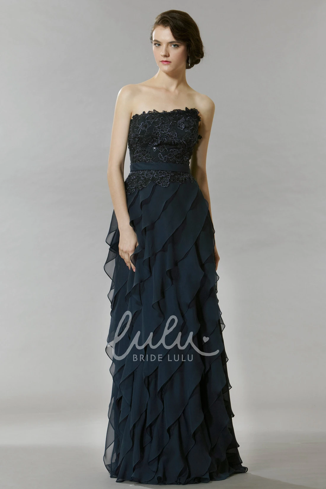 Lace Chiffon Strapless Prom Dress with Backless Style A-Line Floor-Length Sleeveless Dress