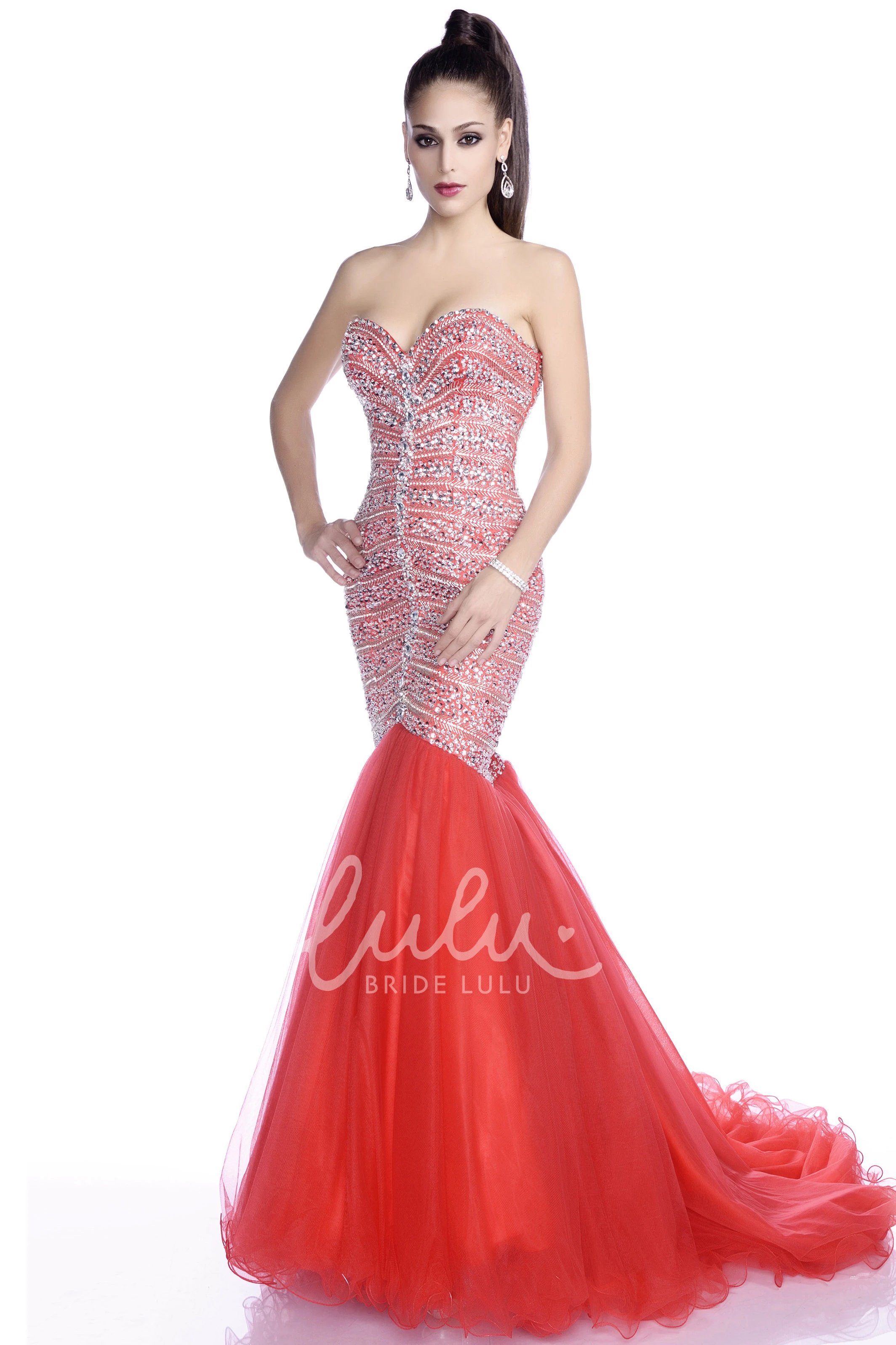 Mermaid Tulle Sweetheart Prom Dress with Crystal and Lace-Up Back