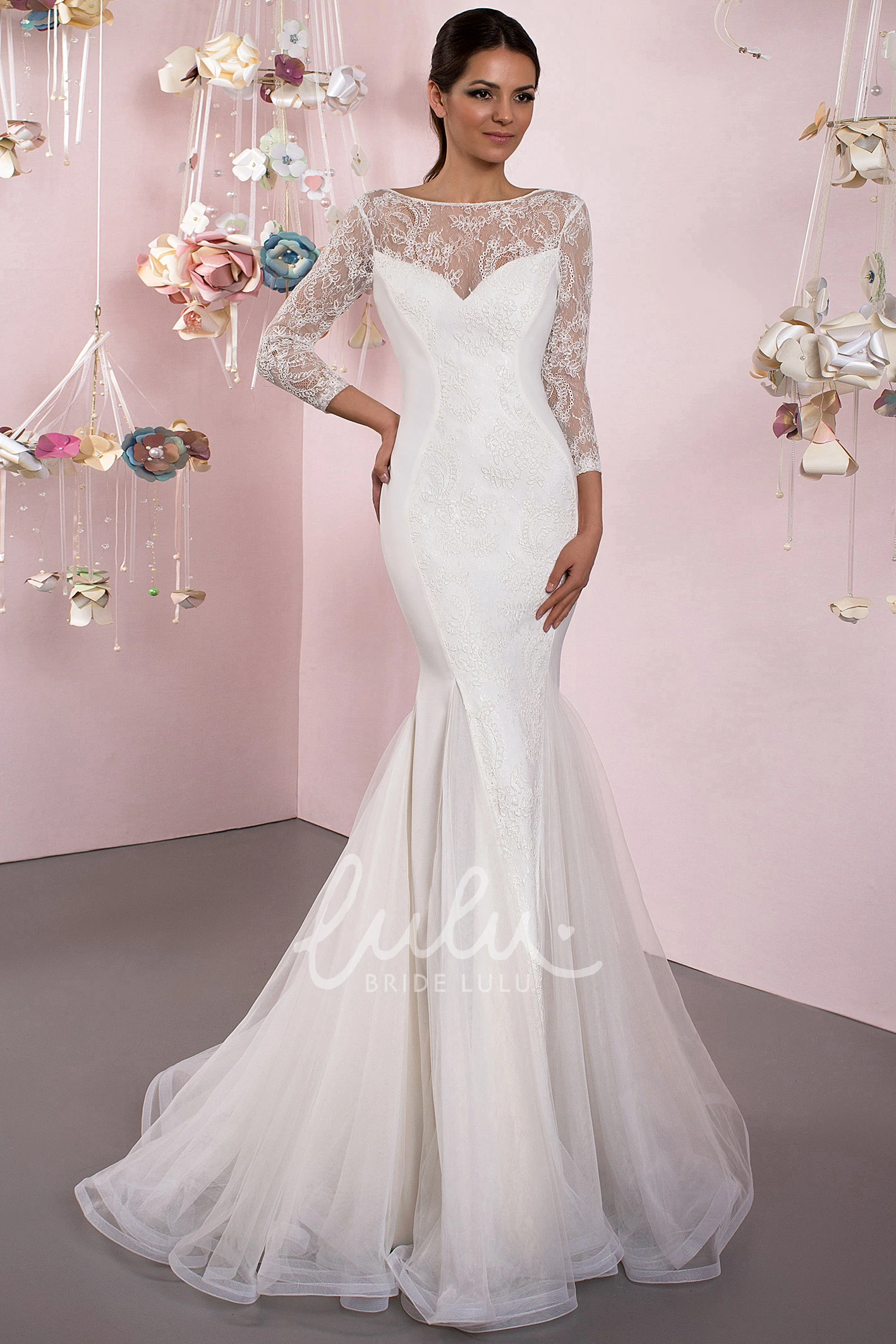 Lace Mermaid Wedding Dress with 3/4 Sleeves and Brush Train
