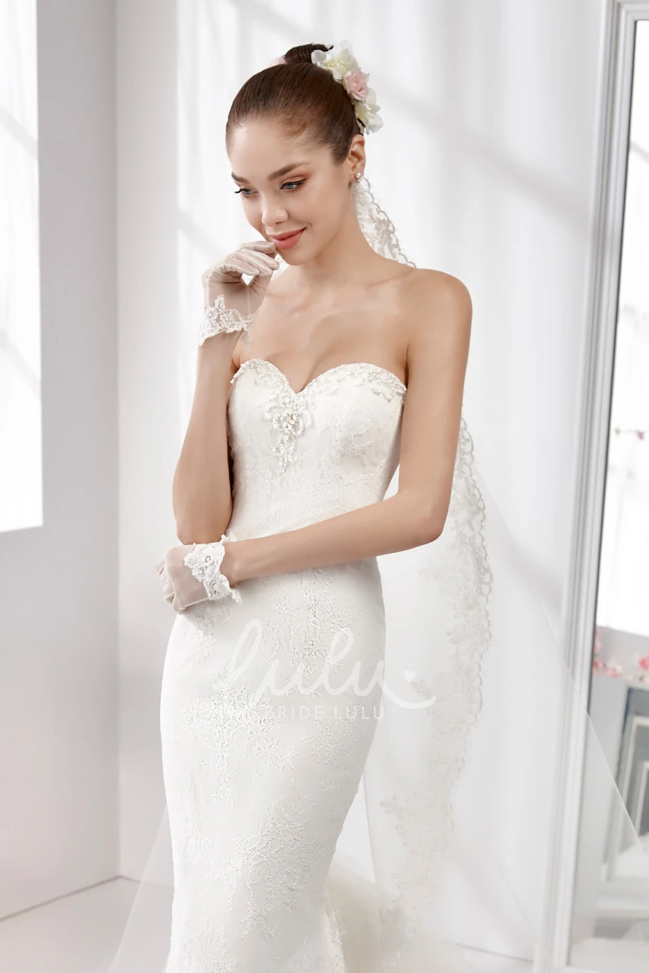 Sheath Lace Wedding Dress with Floral Bust and Tiers Train