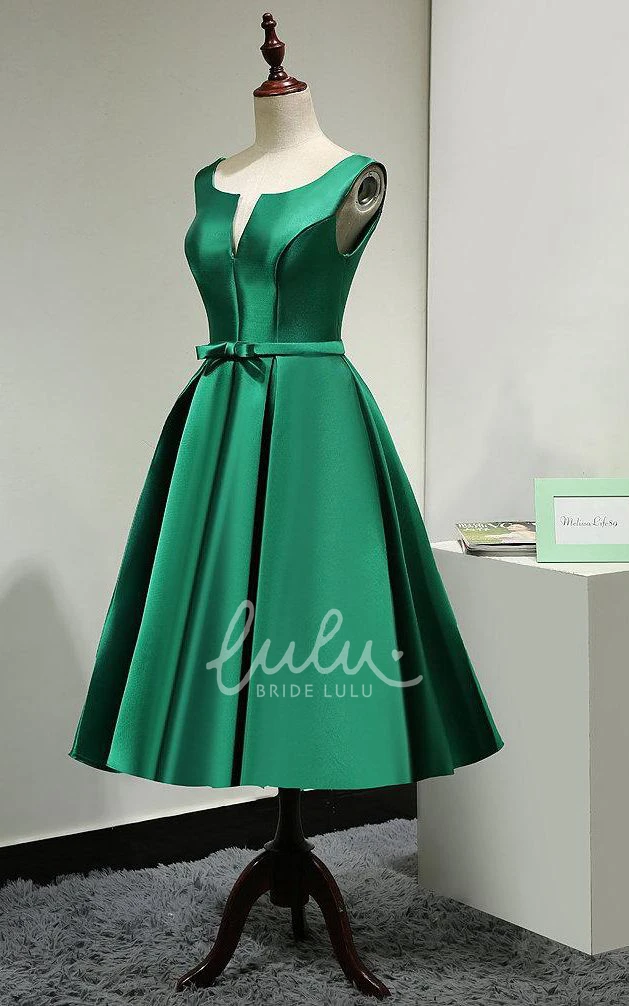 Satin V Neck A-line Tea Length Dress Lace Up Bow Formal Dress