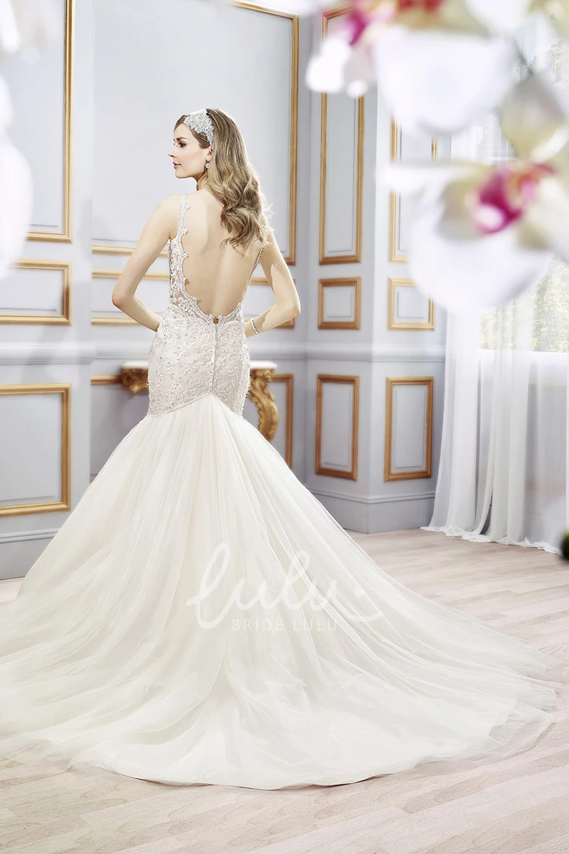 Mermaid Lace Appliqued Wedding Dress with Chapel Train Sleeveless Bridal Gown