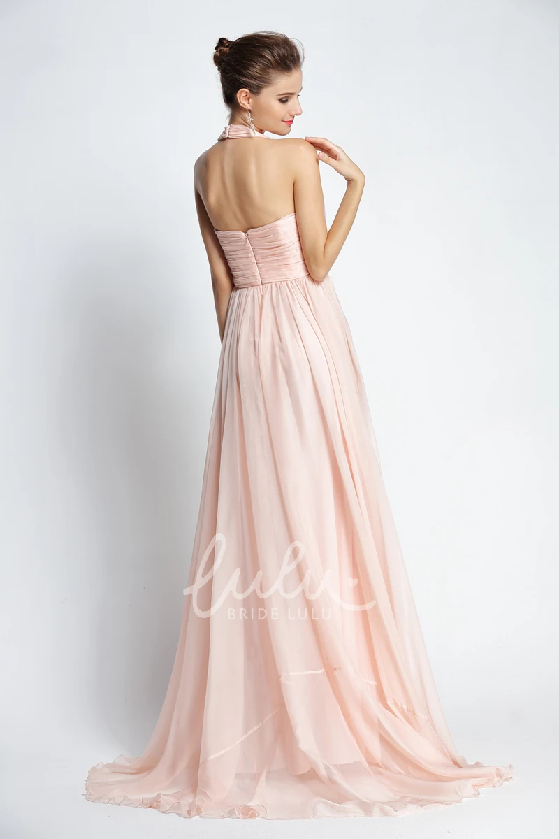 Halter Chiffon A-Line Prom Dress with Appliques and Beading Sweep Brush Train