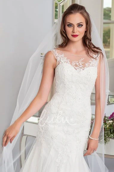Lace&Tulle Trumpet Wedding Dress with Court Train and Corset Back Sleeveless Floor-Length Bateau