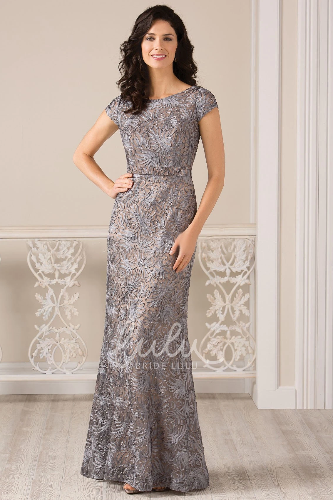 Long Cap-Sleeved Appliqued Formal Dress with Bateau-Neck