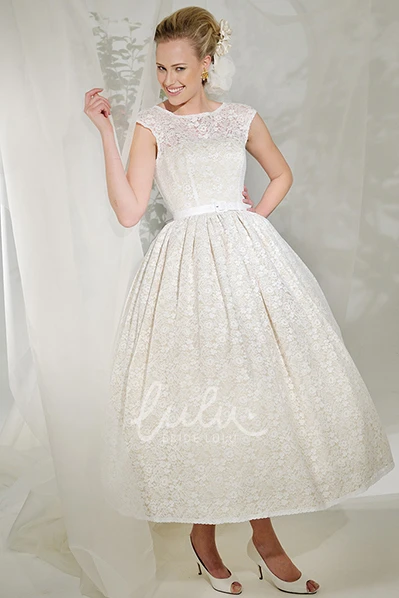 A-Line Cap Sleeve Lace Wedding Dress with Ribboned Scoop Neck Tea-Length