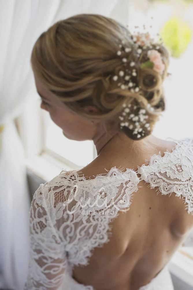 Illusion Sleeve Satin Lace Wedding Dress with Keyhole Modern Satin Lace Wedding Dress