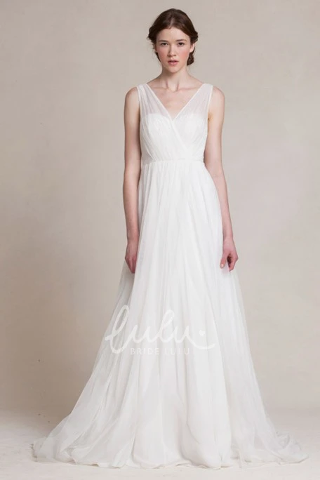 Sleeveless Tulle A-Line Wedding Dress with V-Neck and Jeweled Embellishments