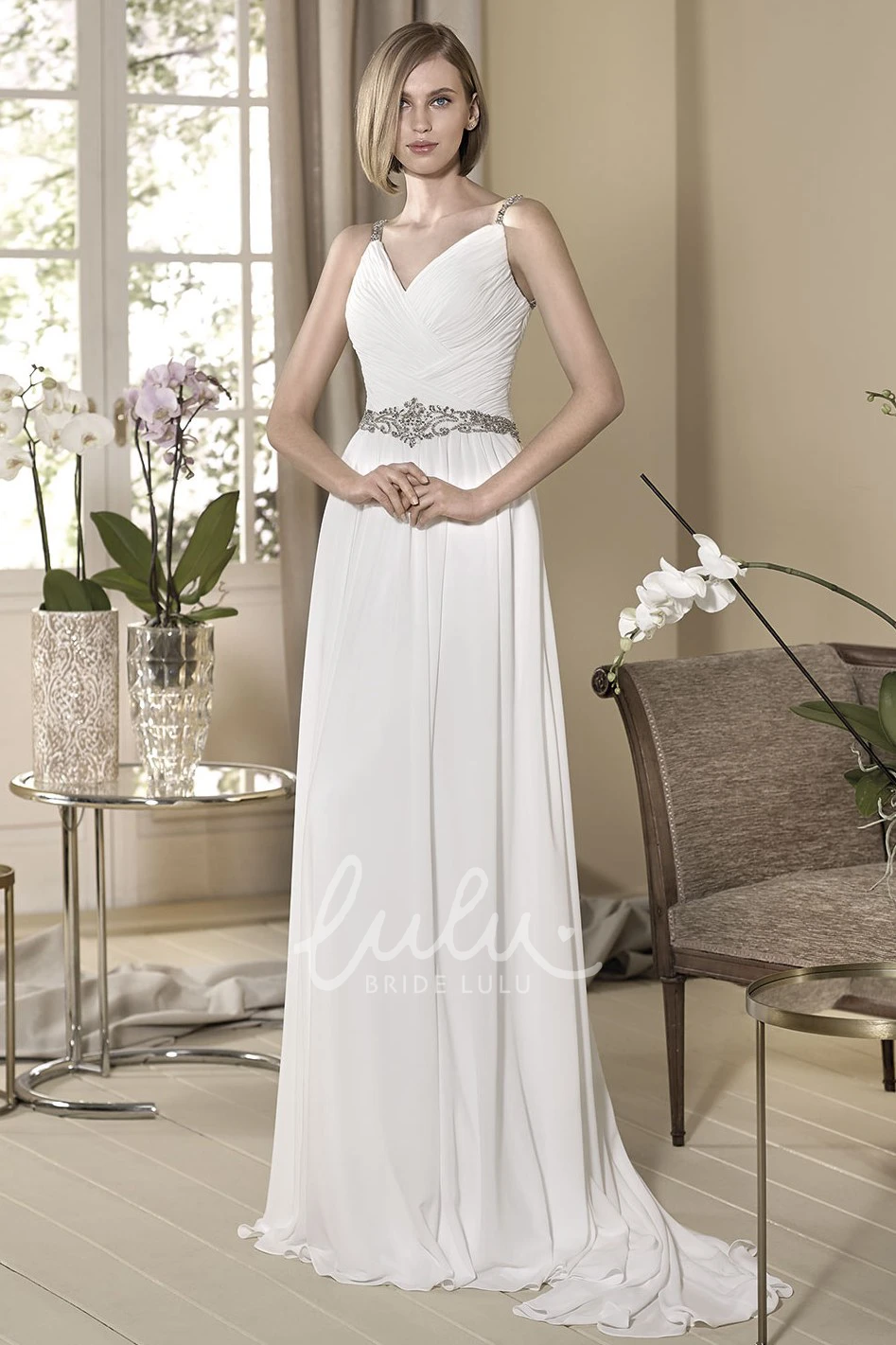 V-Neck Ruched Chiffon Wedding Dress with Waist Jewelry Sleeveless Sheath