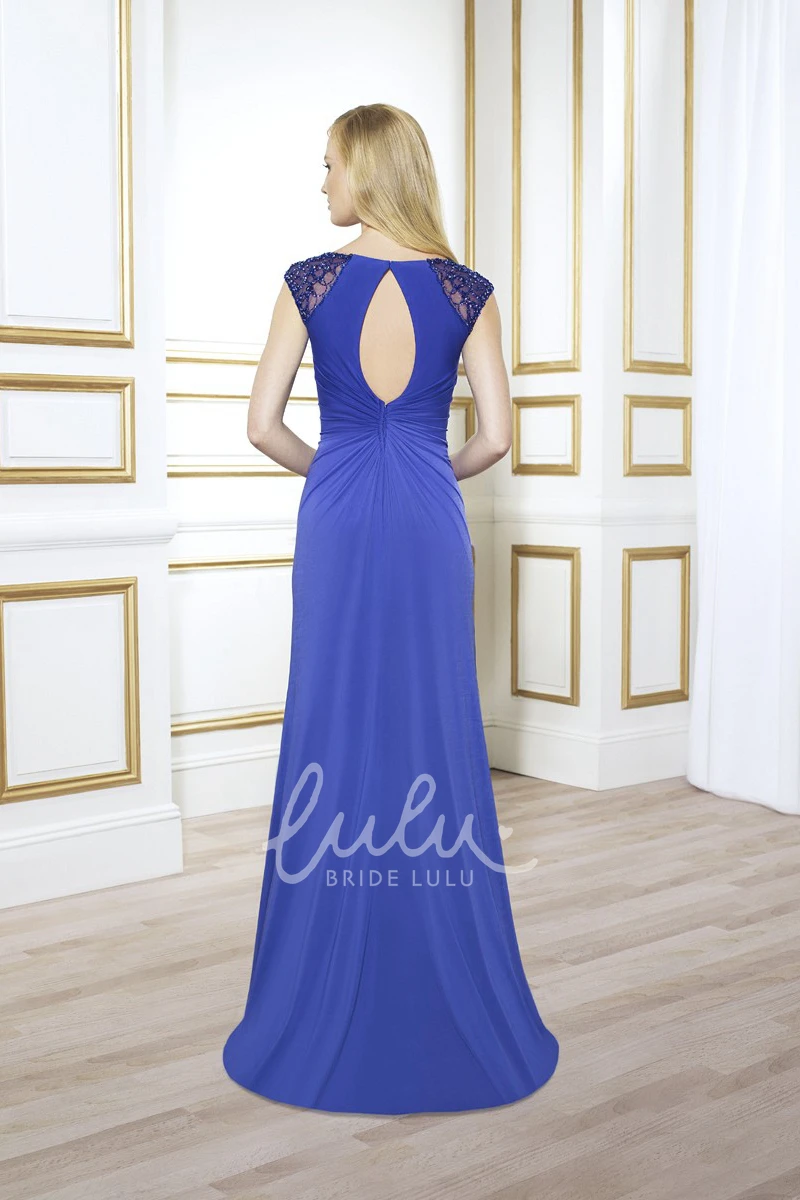 Sheath Beaded Cap-Sleeve Long Scoop Formal Bridesmaid Dress with Keyhole Back and Ruching