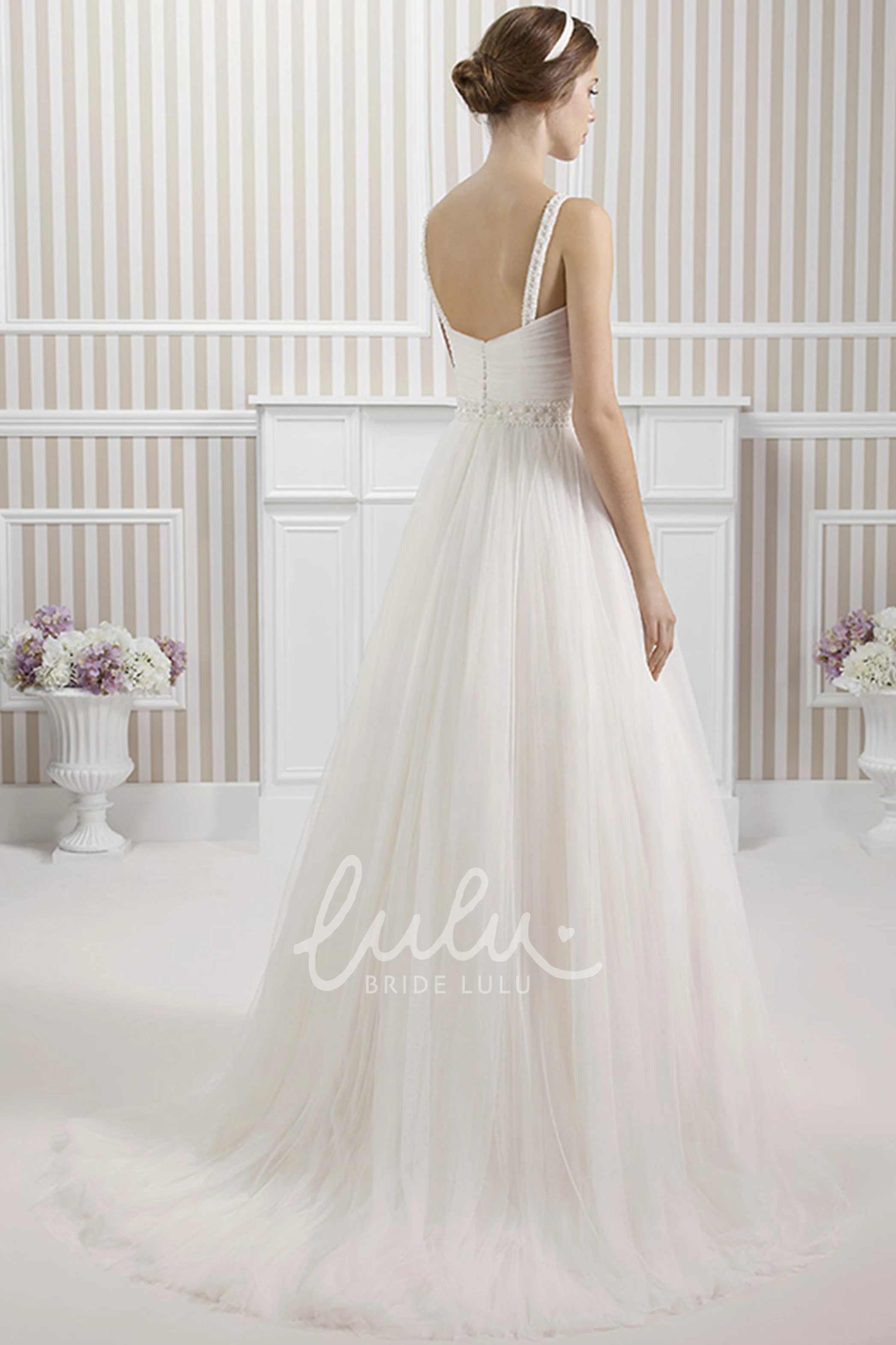 Jeweled Tulle A-Line Wedding Dress with Ruching and Low-V Back