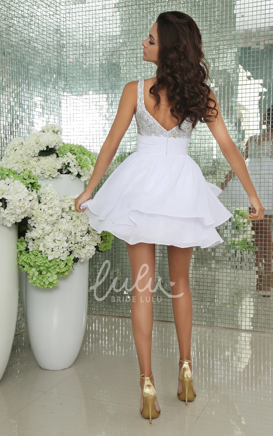 Short Sparkly Soft Flowing Fabric V-Neck Dress With Draping And Crystal Detailing