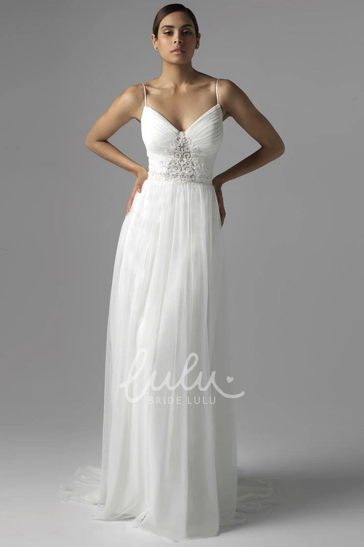 Beaded Chiffon Spaghetti Wedding Dress with Brush Train Flowy Bridal Gown