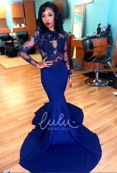 Long Sleeve Royal Blue Lace Applique Bridesmaid Dress