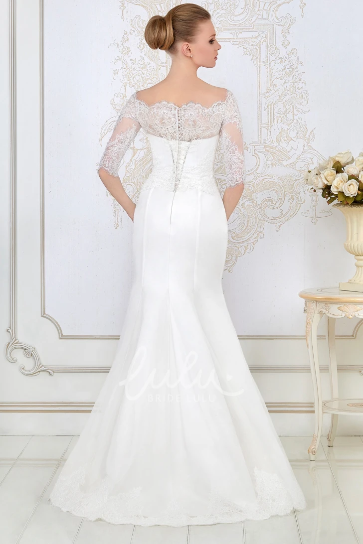 Half-Sleeve Lace and Satin Sheath Wedding Dress Floor-Length and Bateau-Neck