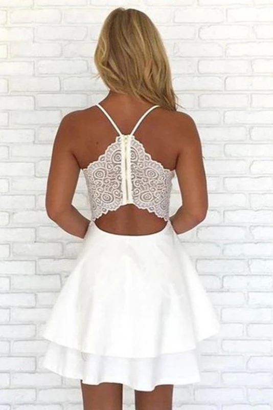 Tiers Lace Spaghetti V-neck Sleeveless A-line Mini Chiffon Homecoming Dress Boho