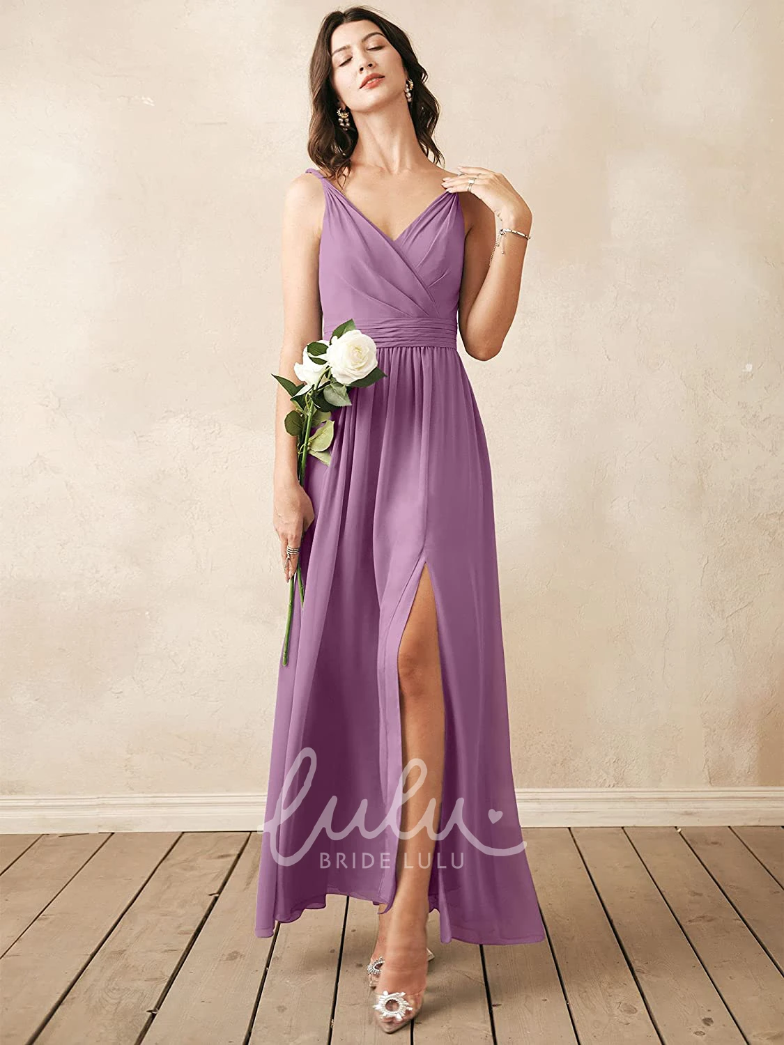 Sleeveless V-neck Chiffon A-line Bridesmaid Dress with Ruching Elegant