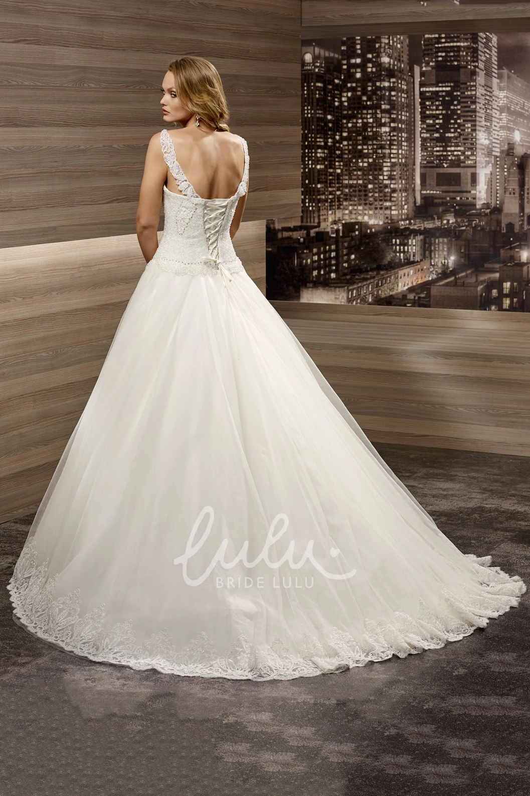 A-line Wedding Dress with Scooped-neck and Brush Train Lace-up Back