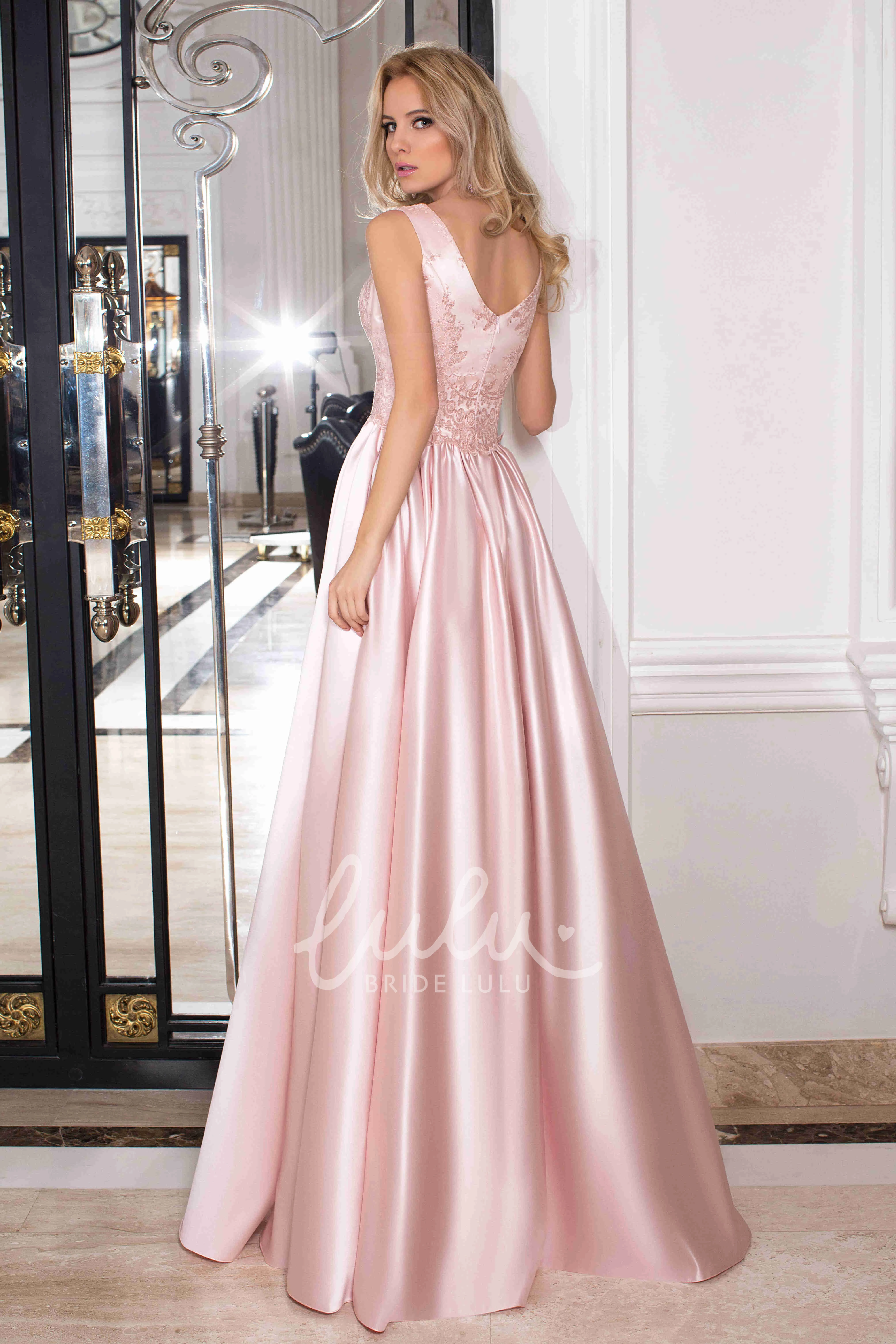 Satin A-Line Bridesmaid Dress with Embroidery and Low-V Back