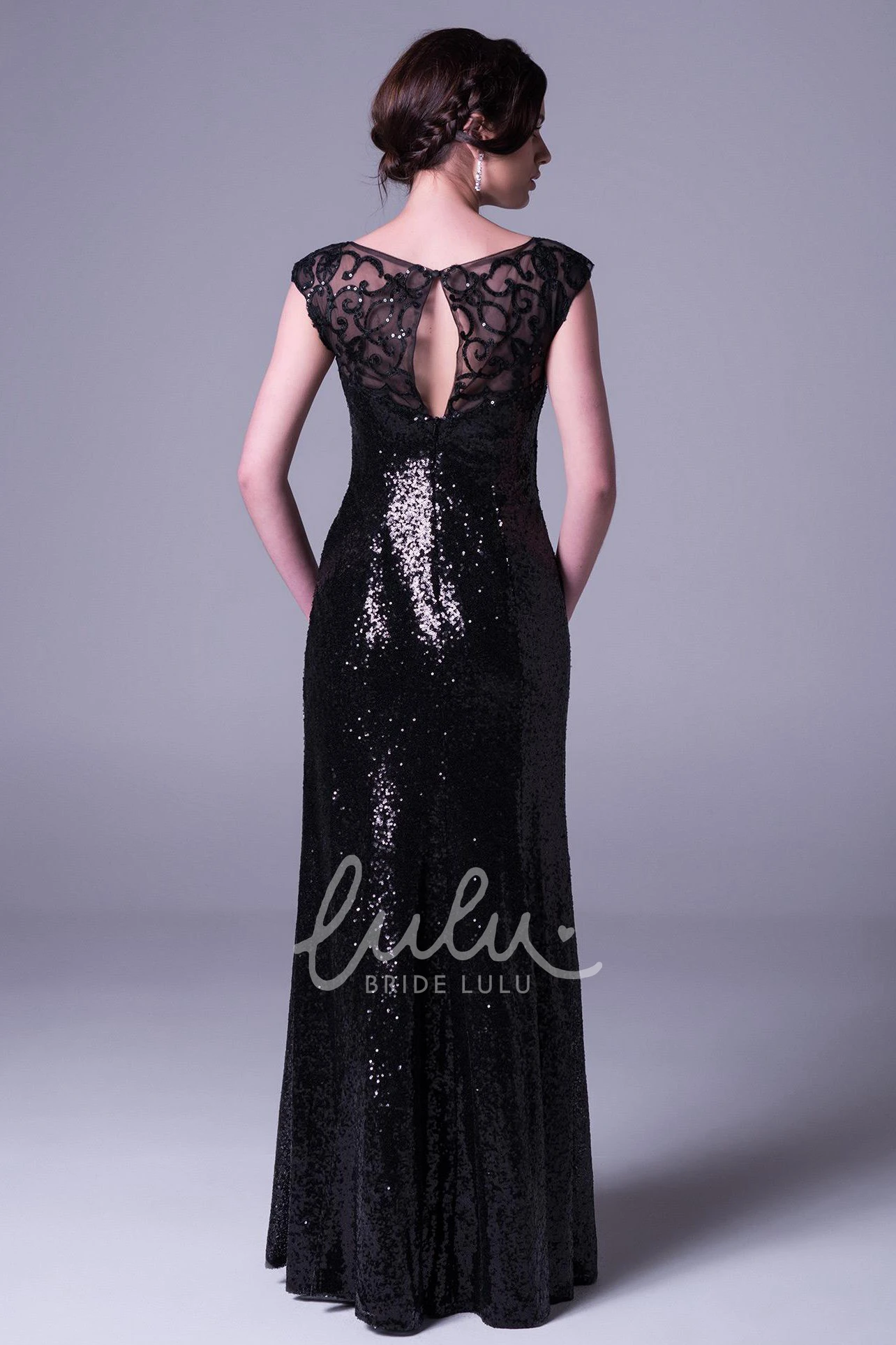 Appliqued Cap-Sleeve Sequin Prom Dress Sheath Floor-Length