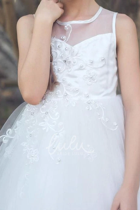 Beaded Tiered Tea-Length Satin&Tulle Flower Girl Dress