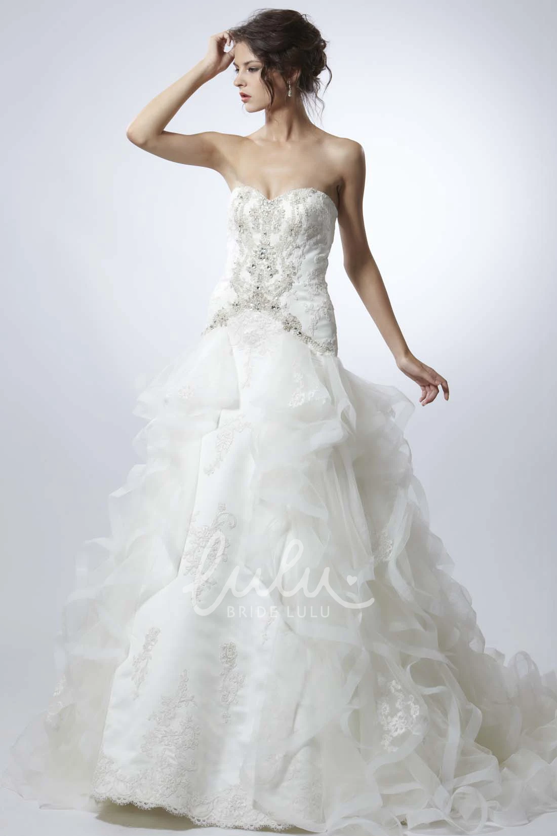 Long Ruffled Organza Wedding Dress with Appliques and Beading A-Line Strapless Sleeveless