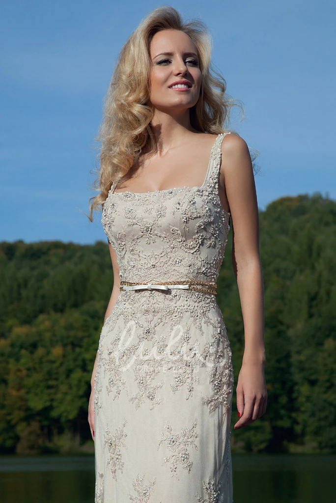 Square Appliqued Lace Sheath Prom Dress Sleeveless Floor-Length Dress with Bow