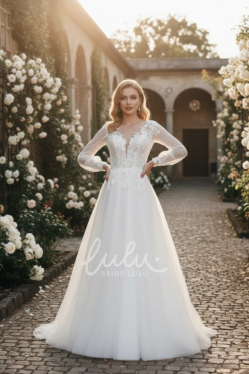 Flowers Lace Bohemian Ethereal A-Line Plunging Neckline Tulle Spring Wedding Dress Romantic Garden Long Sleeve Floor-length Bridal Gown with Button V Back