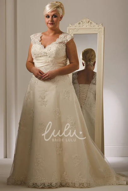 Lace Plus Size Wedding Dress with Scalloped V-Neck and Lace-Up Back