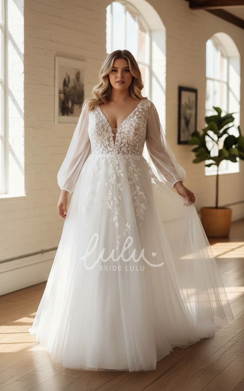 Sexy A-Line V-neck Lace Plus Size Zipper Spring Wedding Dress with Long Sleeve