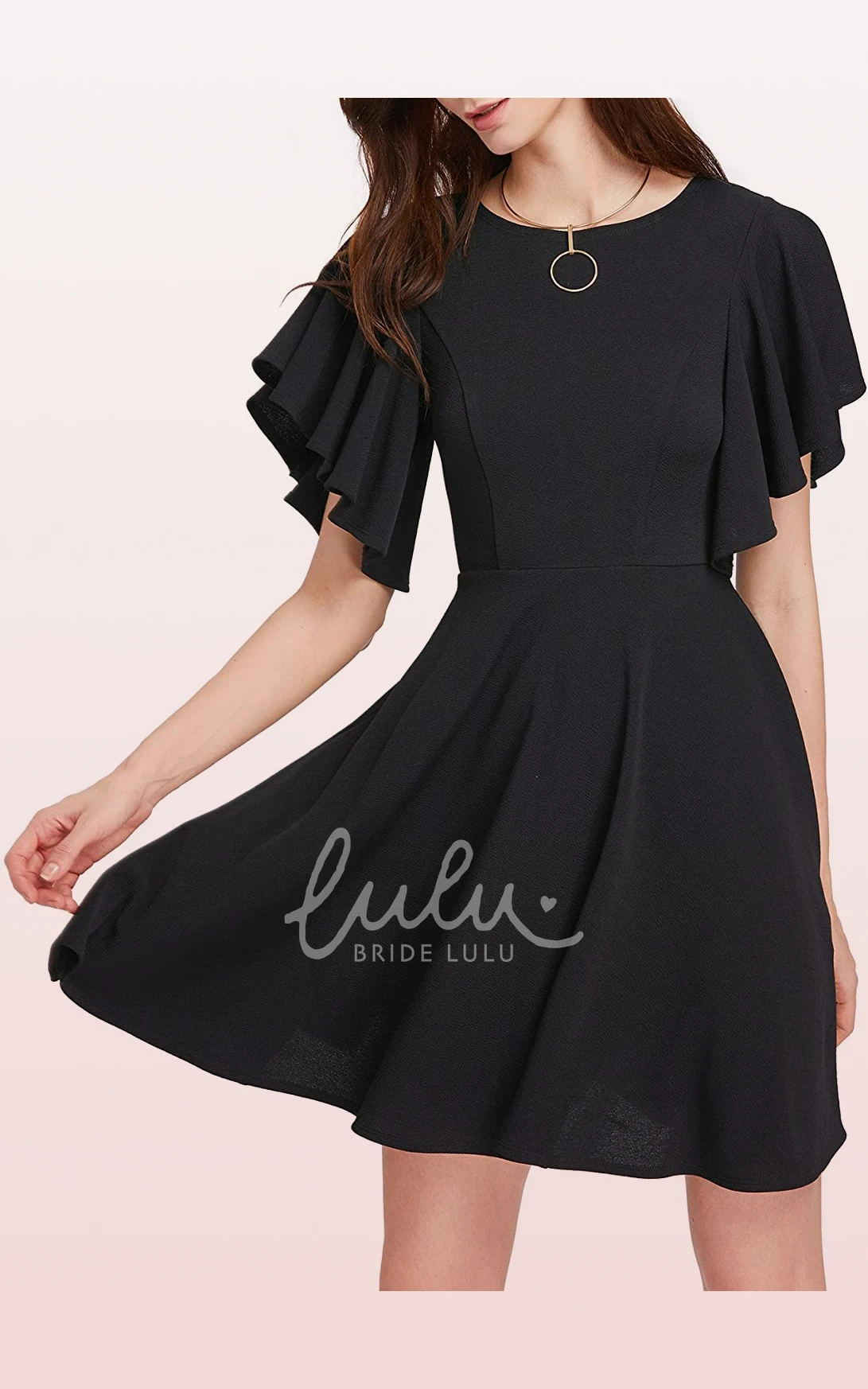 Jersey A-Line Dress Short Sleeve Modest Elegant Pleated Zipper