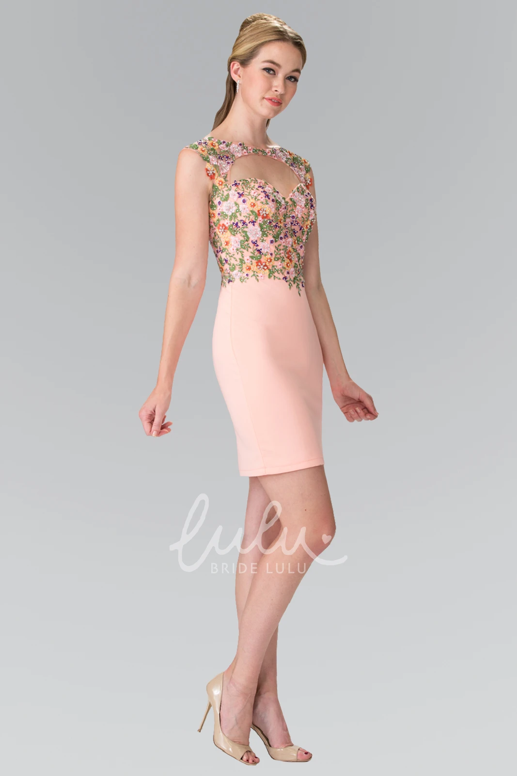 Jersey Flower Pencil Mini Cap-Sleeve Formal Guest Dress