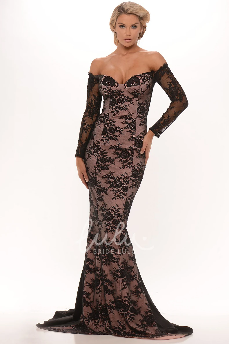 Lace One-Shoulder Long-Sleeve Prom Dress with Sweep Train Elegant Maxi Formal Dress