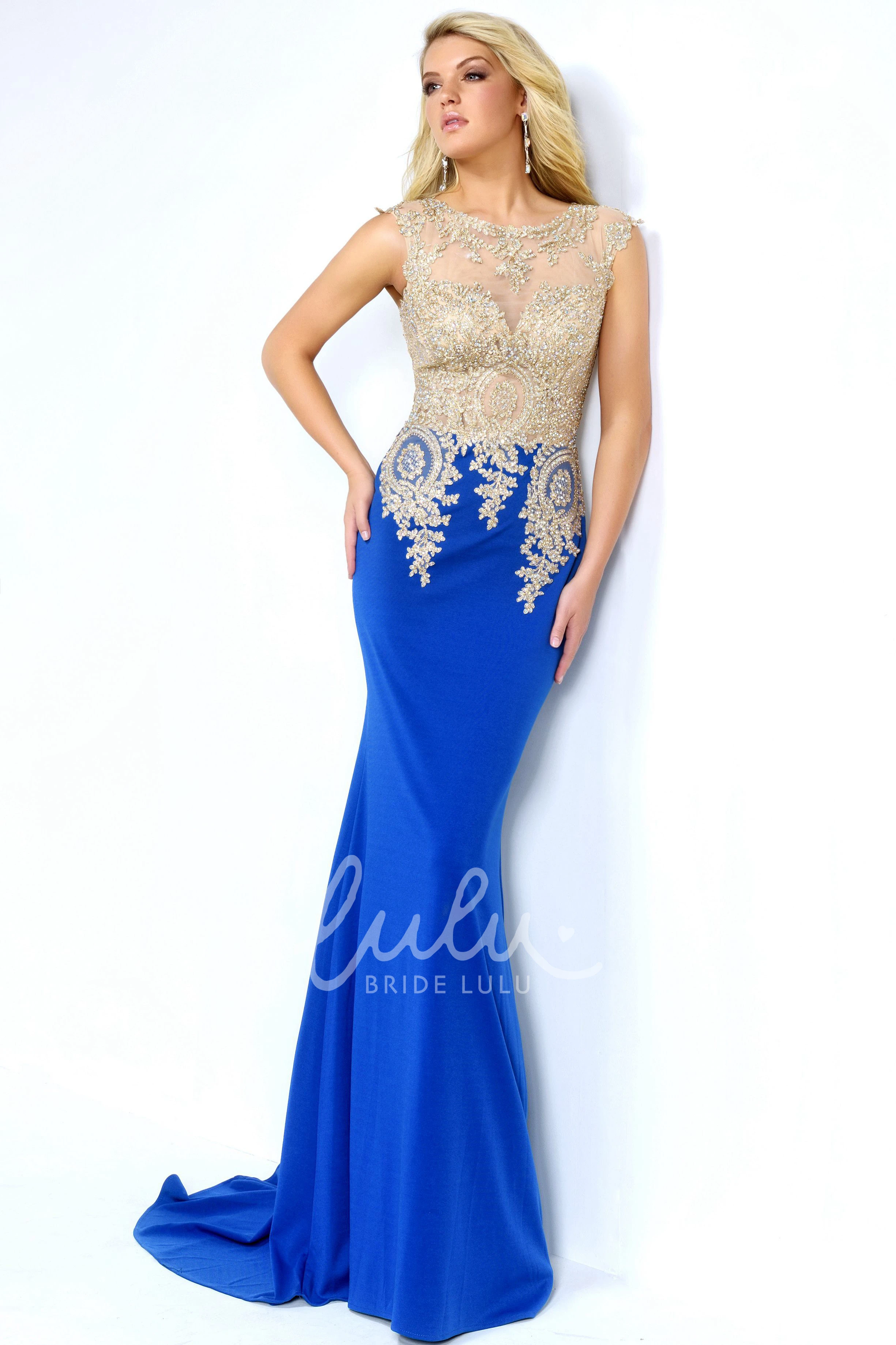 Long Sleeveless Formal Dress with Scoop-Neck and Jersey Illusion Beading